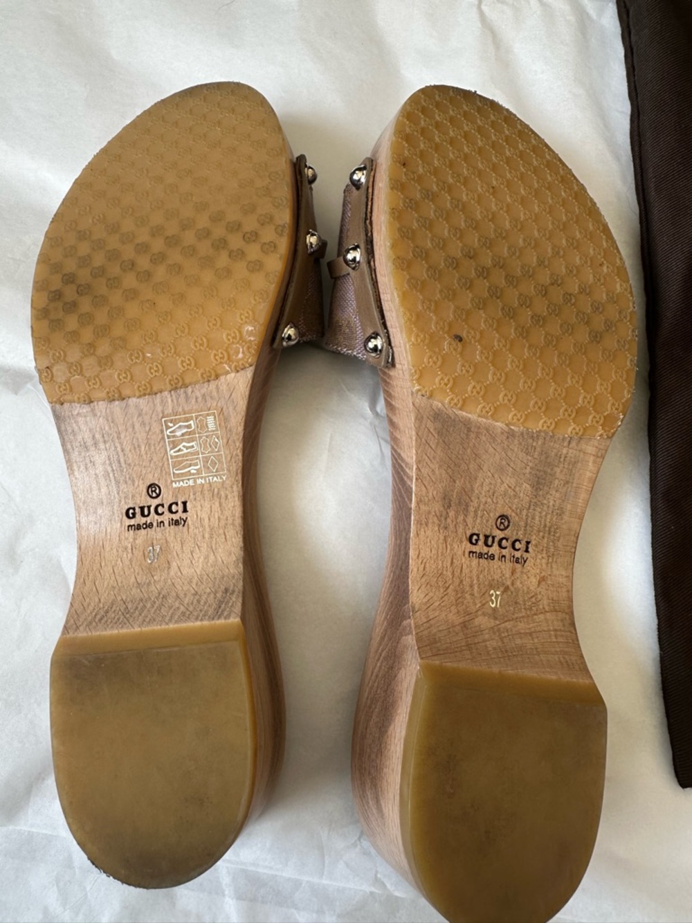 Gucci Taupe Monogram Canvas Horsebit Wooden Slide Mules - Picture 7 of 9